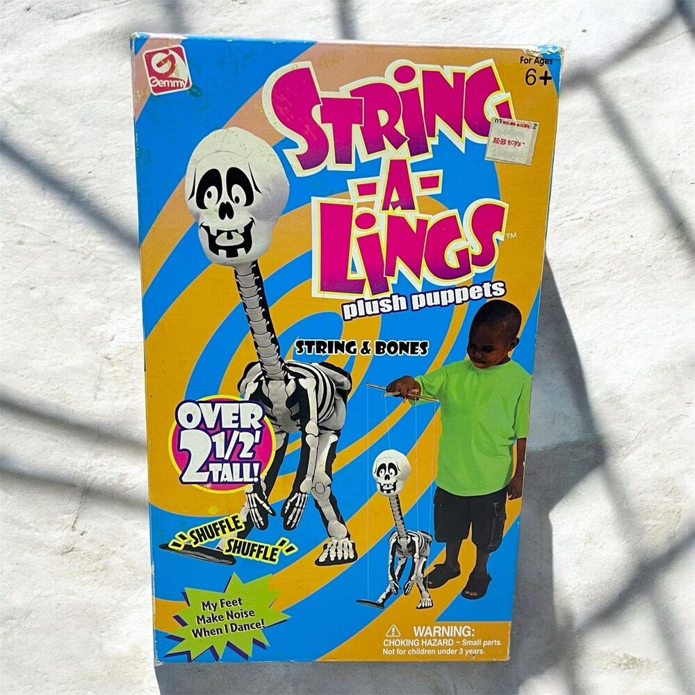 Vintage 2001 Gemmy String-A-Lings Plush Puppet Skeleton & Bones Marionette NOS